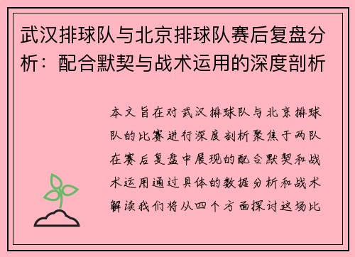 武汉排球队与北京排球队赛后复盘分析：配合默契与战术运用的深度剖析