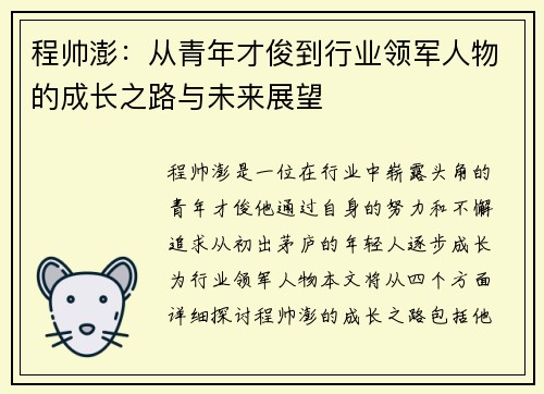 程帅澎：从青年才俊到行业领军人物的成长之路与未来展望