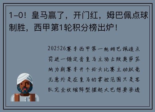 1-0！皇马赢了，开门红，姆巴佩点球制胜，西甲第1轮积分榜出炉！